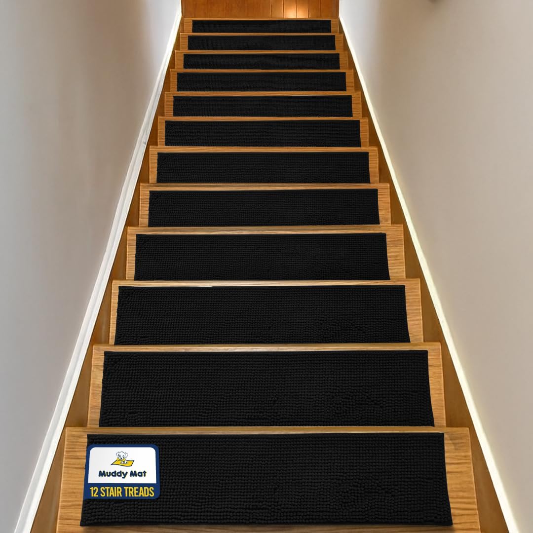 Muddy Mat® Pack of 4 - Soft Chenille Stair Treads Non-Slip Reusable, Super Absorbent Stair Treads for Wooden Steps, Tile & Marble Floor, Easy to Install & Machine Washable - Grey 30'' x 7''
