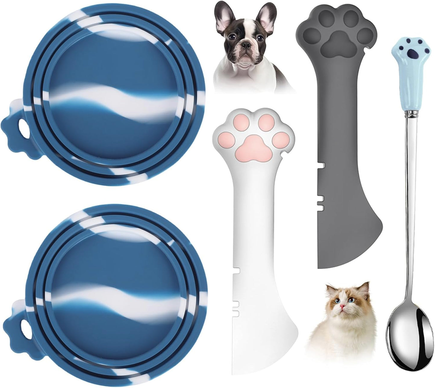 Comtim 5 PCS Pet Food Can Lids & Spoons Set - Silicone Dog Cat Covers With Multi-Function Spatula Opener for Wet Food - Long Handle Easy to Scoop