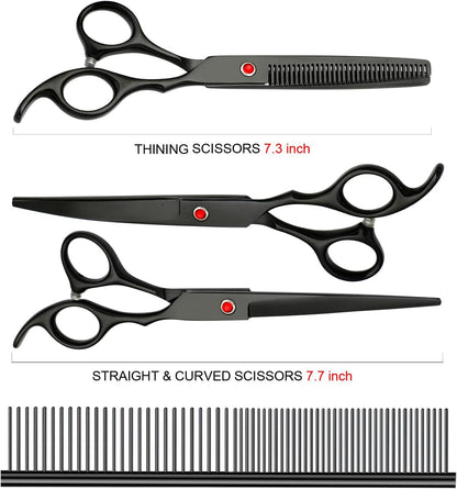 FAIGEO Dog Grooming Scissors with Safety Round Tips Stainless Steel Professional Dog Grooming Kit - Thinning, Curved Scissors and Comb for Cat Pet (Pink 4 in 1)