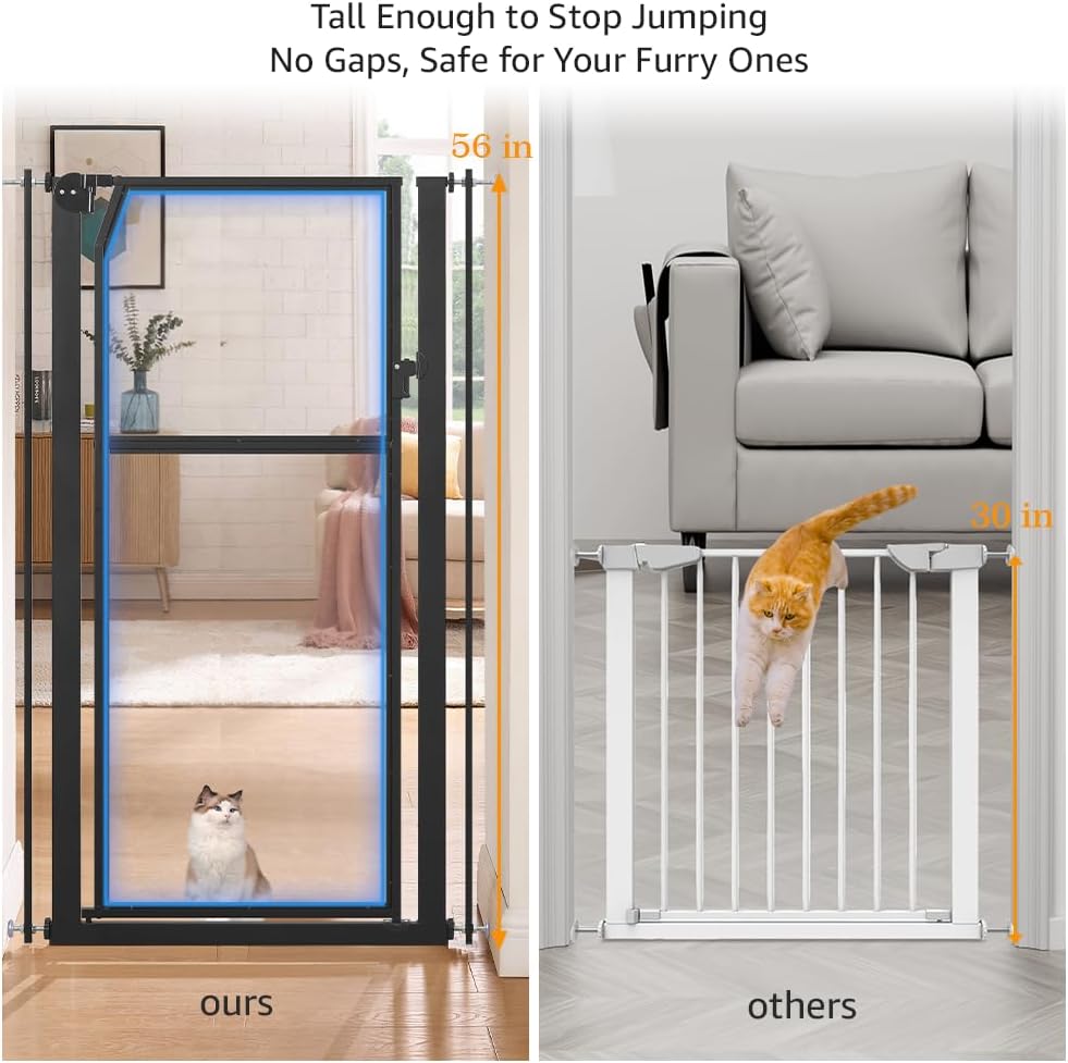 unipaws 56" Extra Tall Pet Gate, Clear Transparent Tall Cat Gate, 29.5-33.5" Wide No Drilling Pressure Mounted Dog Gate for Doorway, Hallway, Stairs, White
