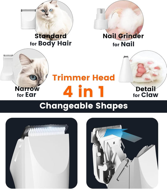 Dog Grooming Kit, Low Noise Paw Trimmer and Nail Grinder with Bonus 3-Piece Vintage Wooden Pet Comb Set, All-in-One Cordless Pet Grooming Clippers, Rechargeable and Quiet for Dogs, Cats - Snow