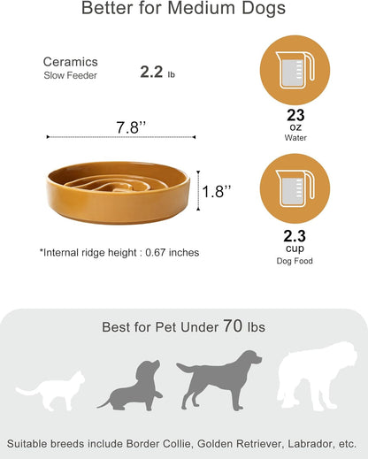 Ceramic Slow Feeder Dog Bowl, Maze Puzzle Non-Slip Silicone Base Stoneware Bowl for Small Medium Dogs, Heavy Duty Anti-Bloat Dog Food Bowl Dishwasher Safe – Apricot, Medium