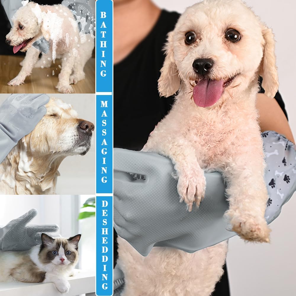 Pet Grooming Gloves Pet Hair Remover Cat, Dog Washing Gloves Silicone Heat Resistant Cleaning Gloves with High-Density Teeth Grooming Gloves for Dogs, Cats, Horses, Rabbits (1 Pair - Gray)