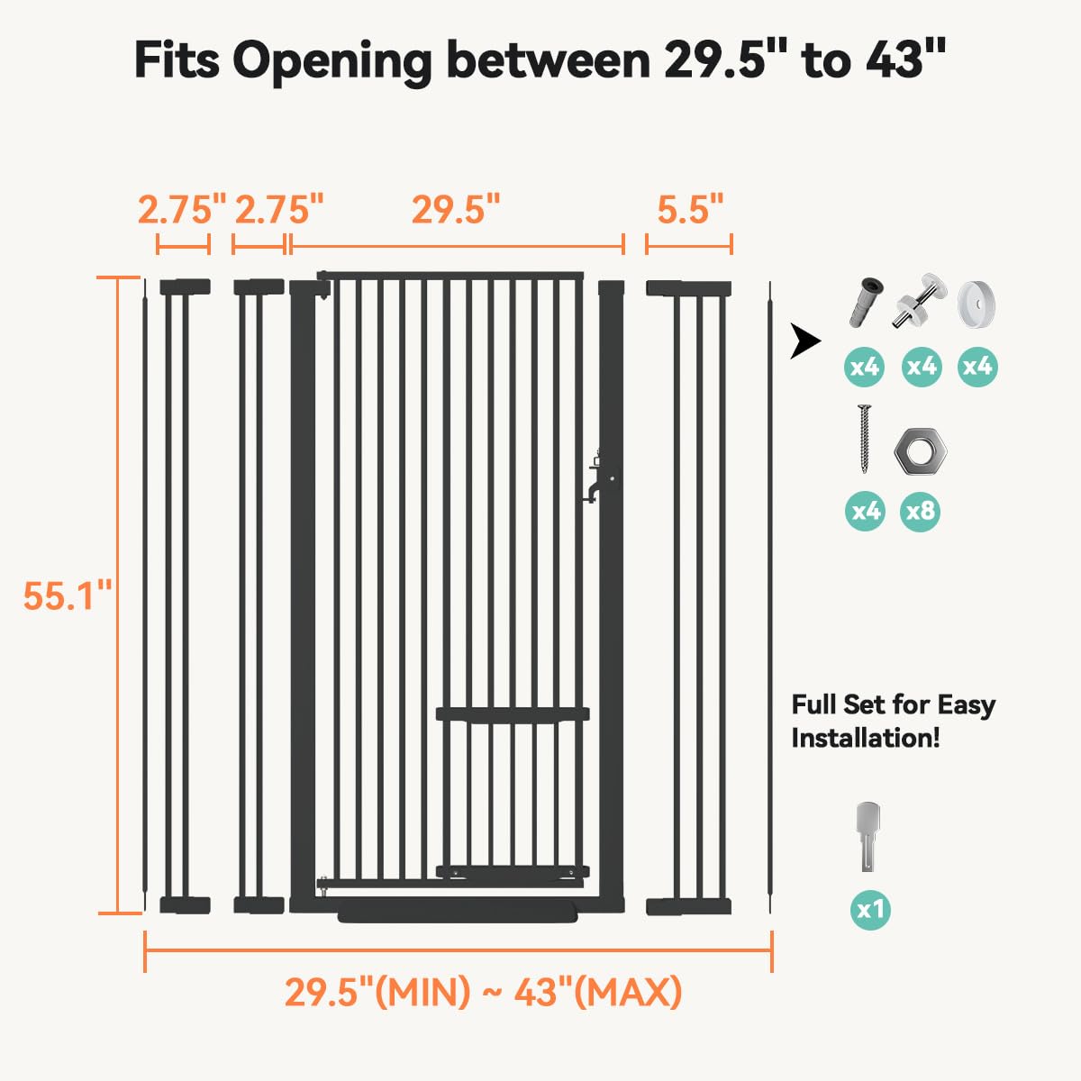 COMOMY 55.1" Extra Tall Pet Gate for Cats, Extra Wide Cat Gate with Adjustable Cat Door, Pressure Mounted Easy Walk Through Pet Gate with Door for Stairs, Doorways, Kitchen(White, 29.5-40.6")