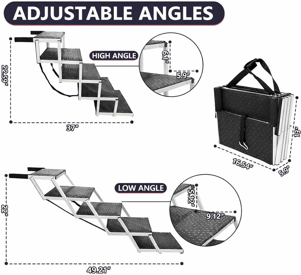 PENSUN Dog Stairs with Nonslip Surface Portable Folding Pet Ramp for Car, SUV and Trucks Foldable Truck Ramp Stairs for Small to Large Size Dogs Up to 250LBS
