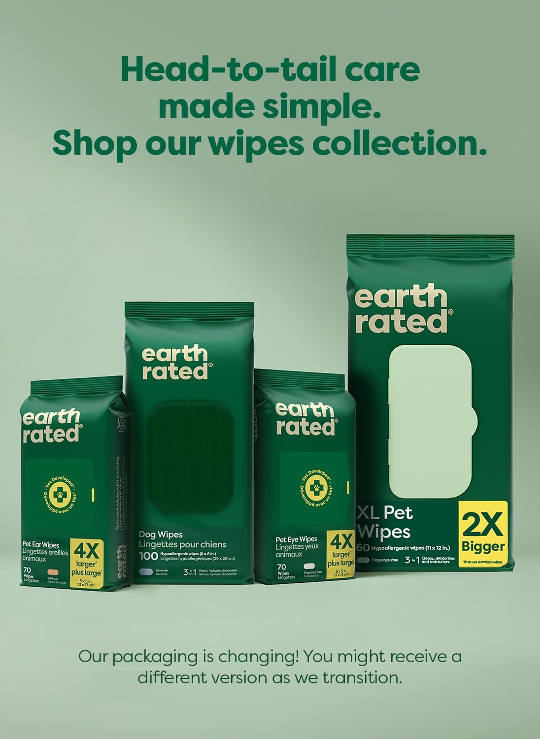 Earth Rated Dog Wipes, Hypoallergenic, Cleaning and Hydrating, for Grooming Paws, Body and Butt, Lavender Scented, 400 Count