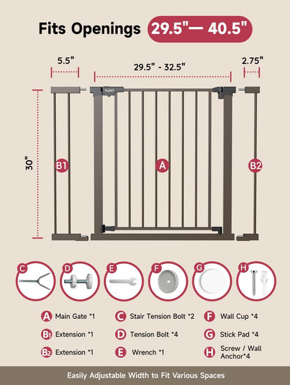 29.5-40.5" Baby Gate for Stairs, Dog Gate for Doorways, Walk Thru Auto Close Metal Baby Safety Gate for The House, Stairs and Doorways, Child Gate Pressure Mounted, Pet Gate for Dog Indoor - Black