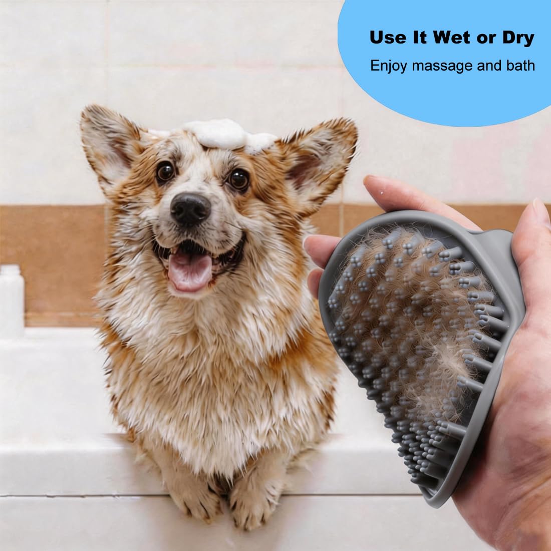 3PCS Dog Bath Supplies - Dog Washing Gloves and Pet Shampoo Brush, Wash Mitt with 3000 Soft Bristles, Adjustable Handle Scrubber for Bath, Massage and Grooming