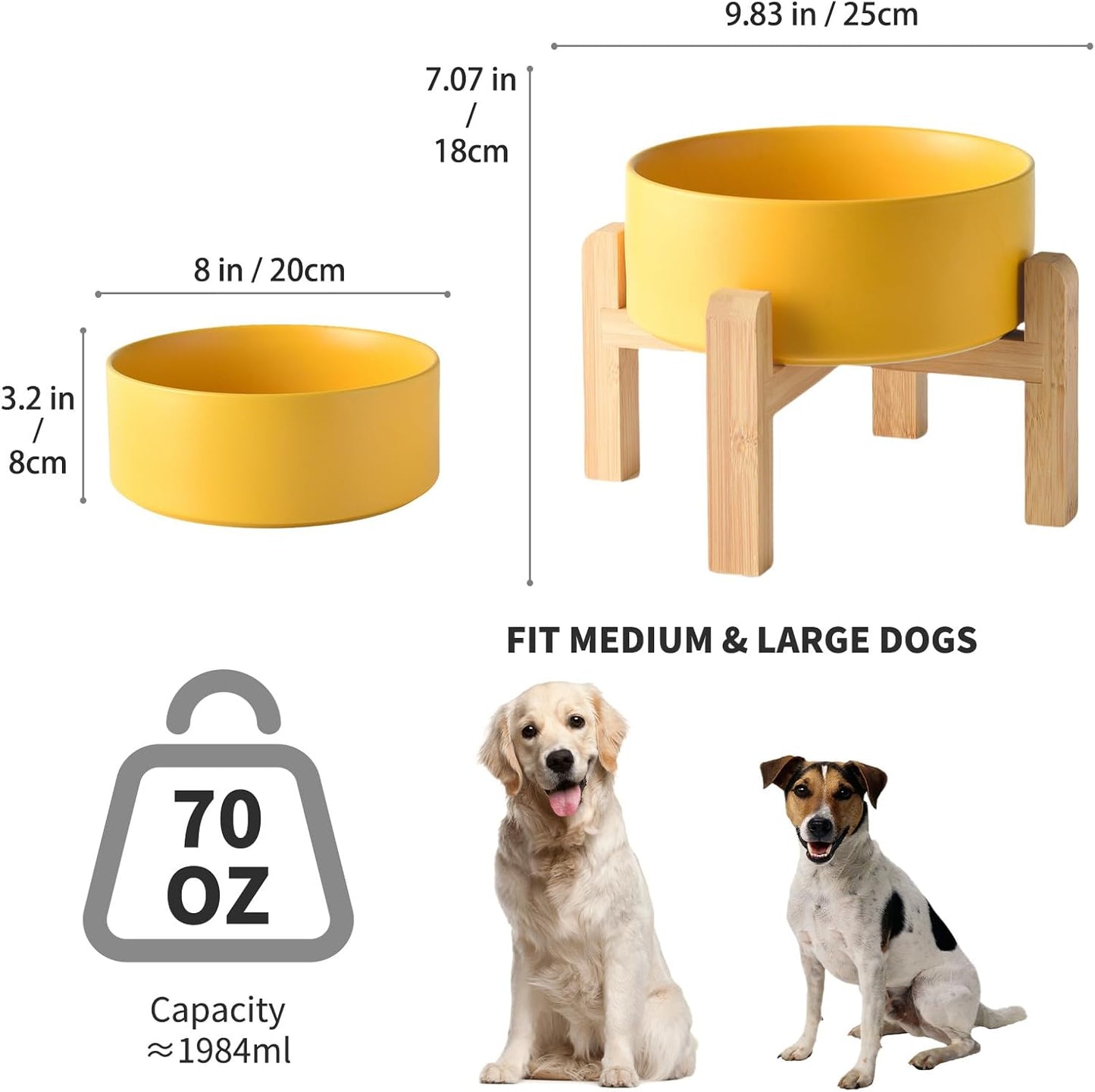 6'' Ceramic Raised Dog Bowl - 30Oz Dog Food & Water Bowl with Elevated Non-Slip Bamboo Stand, Dishwasher & Microwave Safe, Anti Vomiting Heavy Duty Pet Bowl for Small and Medium Dogs, White