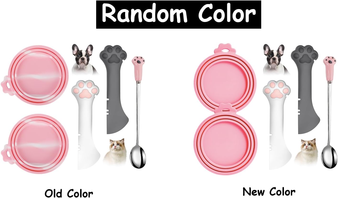 Comtim 5 PCS Pet Food Can Lids & Spoons Set - Silicone Dog Cat Covers With Multi-Function Spatula Opener for Wet Food - Long Handle Easy to Scoop