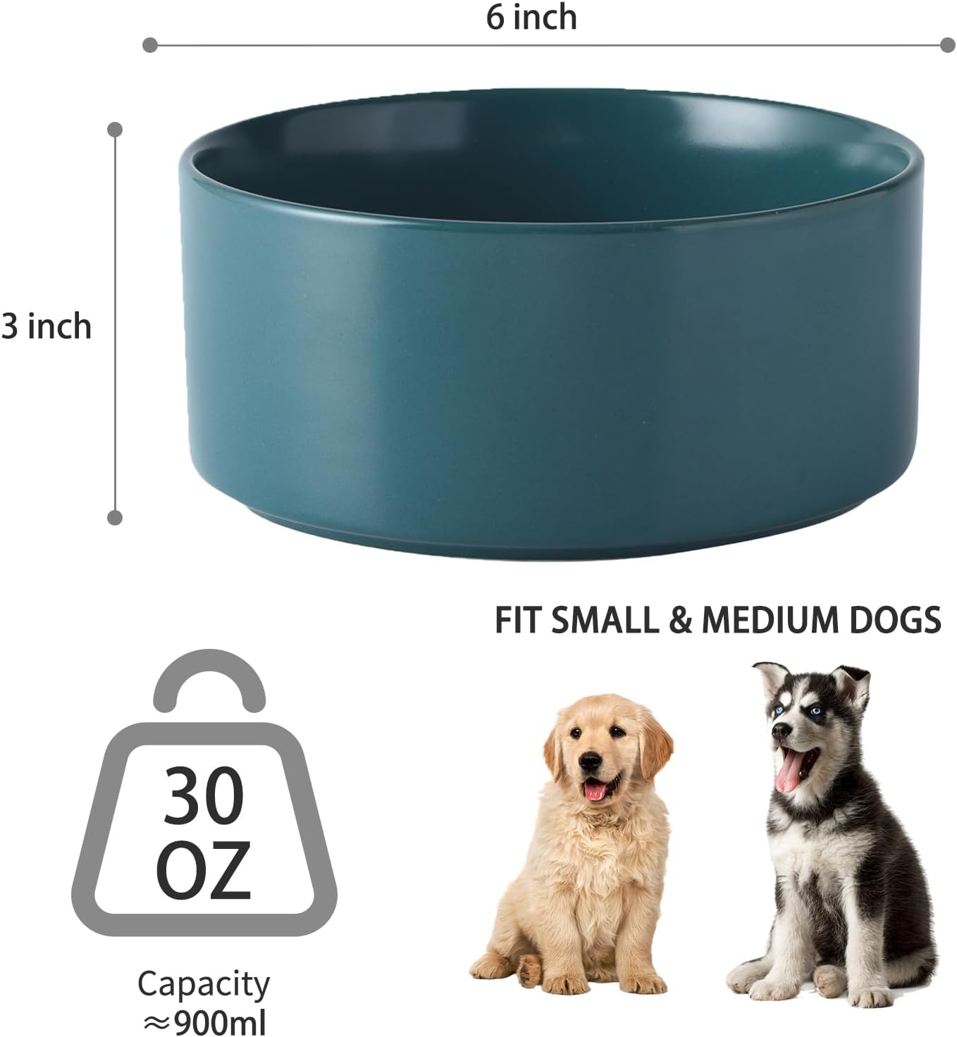 6'' Ceramic Raised Dog Bowl - 30Oz Dog Food & Water Bowl with Elevated Non-Slip Bamboo Stand, Dishwasher & Microwave Safe, Anti Vomiting Heavy Duty Pet Bowl for Small and Medium Dogs, White