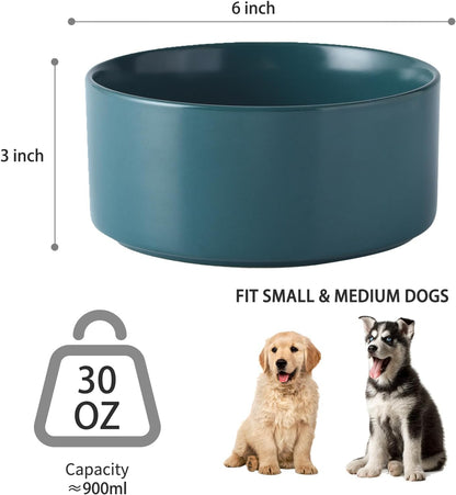 6'' Ceramic Raised Dog Bowl - 30Oz Dog Food & Water Bowl with Elevated Non-Slip Bamboo Stand, Dishwasher & Microwave Safe, Anti Vomiting Heavy Duty Pet Bowl for Small and Medium Dogs, White