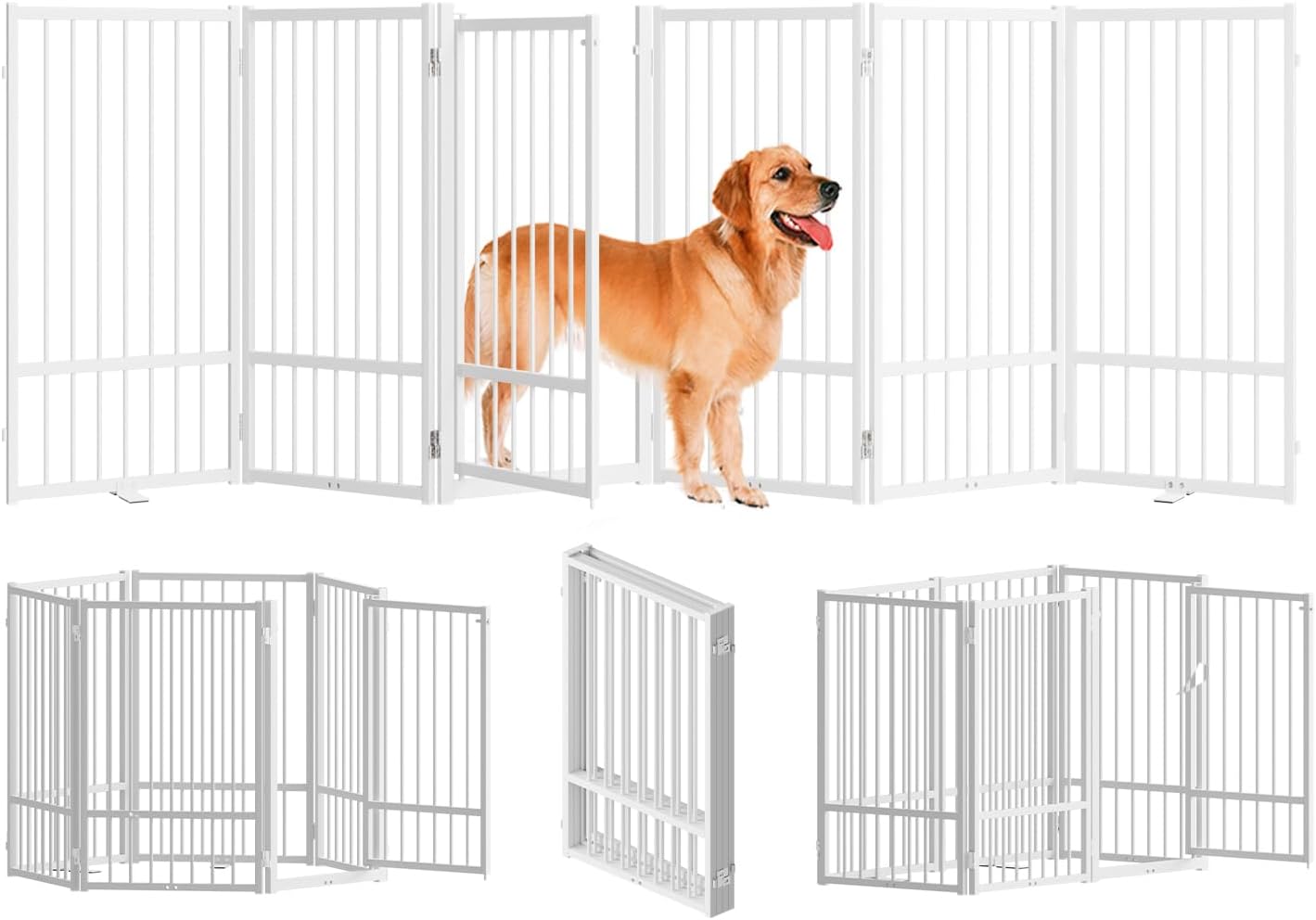 SNUOWU Full Metal Freestanding Dog Gate with Door, 32''Height Foldable Pet Dog Fence for Indoor & Outdoor, 4 Panels Extra Wide Free Standing TallDog Gates for Doorways,House,Stairs,Porch,Deck,Yard