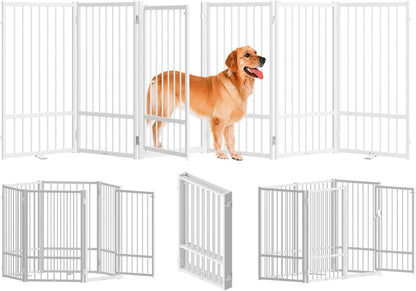 SNUOWU Full Metal Freestanding Dog Gate with Door, 32''Height Foldable Pet Dog Fence for Indoor & Outdoor, 4 Panels Extra Wide Free Standing TallDog Gates for Doorways,House,Stairs,Porch,Deck,Yard