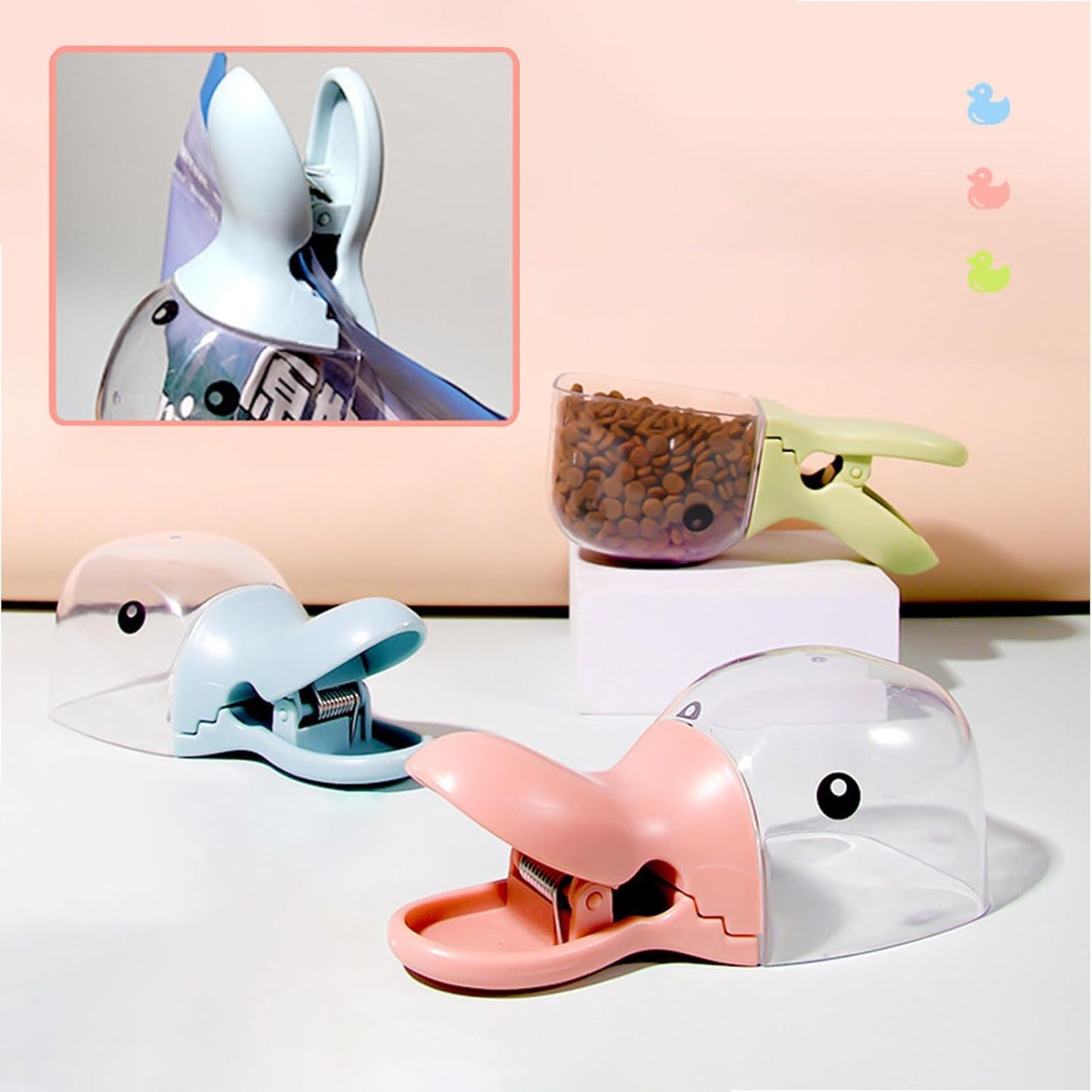 1pcs Cute Adorable Duckbill Design Grain Scoop for Dog Cat with Handle Sealing Clip Multi-functional Food Scoop (Blue)