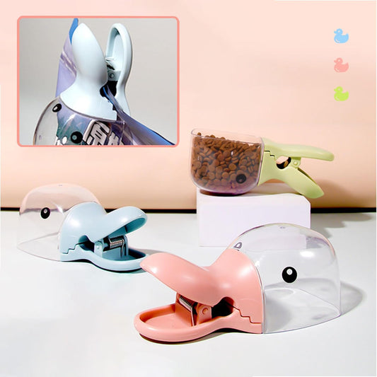 1pcs Cute Adorable Duckbill Design Grain Scoop for Dog Cat with Handle Sealing Clip Multi-functional Food Scoop (Blue)