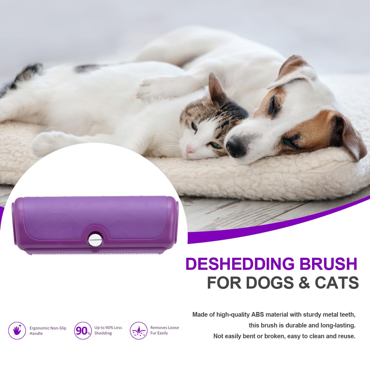 Dog & Cat Deshedding Brush, Undercoat Grooming Tool for Short to Medium and Double Coats, Detachable Metal Shedding Blade, Ergonomic Non-Slip Handle, Black