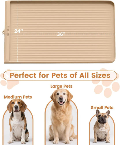 Dog Food Mat 36"x24", Waterproof Pet Feeding Mat with Diversion Grooves and Raised Edges, Large Non-Slip Dog Bowl Mat for Food and Water, Cat Food Mat for Floors, Easy to Clean, Grey