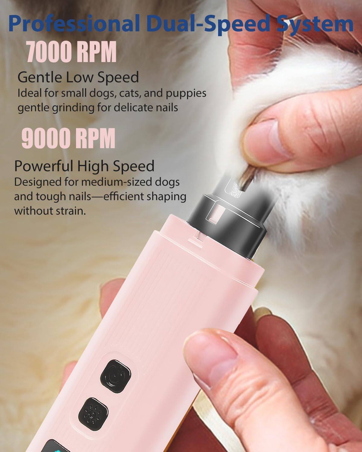 Electric Dog Nail Grinder with 2 Level LED Lights, 2 Speed 30dB Super Quiet and Low Vibration Turbo Charge Pet Nail Grinder for Small Dogs and Cats - White