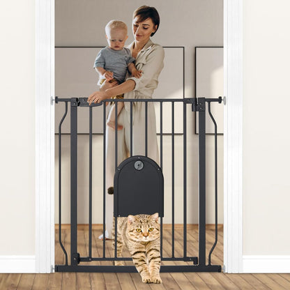 COMOMY 29.5-48.4" Baby Gate with Adjustable Cat Door,Extra Wide Metal Cat Gate for Stairs Doorways, Auto Close Dog Gate with Pet Door for House, Pressure Mounted Easy Walk Through (30" Tall, Black)