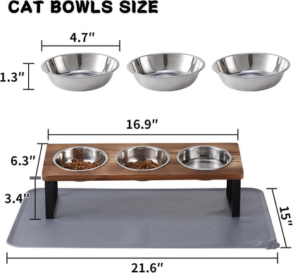 Upgraded Elevated Cat Bowls with Food Mat,15°Tilted Stand Anti Vomiting Raised Cat Dishes for Food and Water,2 Stainless Steel Bowls for Cats and Puppy