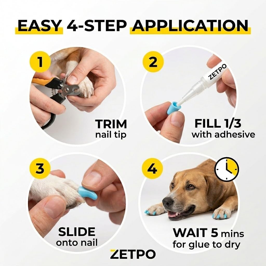 zetpo Dog Nail Caps & Claw Caps (100 pcs) - Anti Slip Dog Toe Grips & Covers for Hard Floors - Instant Traction & Mobility Support for Senior Dogs - Stops Scratches & Reduces Floor Noise (XL)