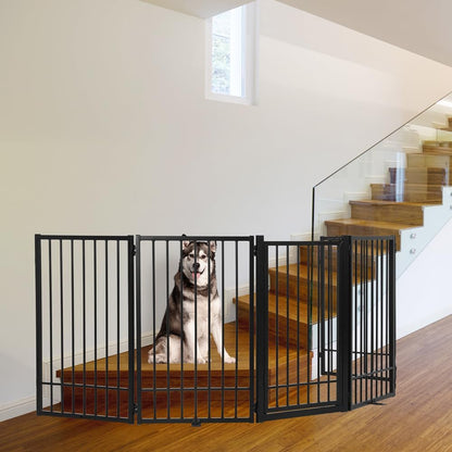Metal Freestanding Dog Gate with Door, Extra Wide 81", 31" Height Foldable Dog Gates for Doorways, Tall Pet Fence Indoor Pet Gates, 4 Panels Pet Barrier for Stairs Hallways, Black
