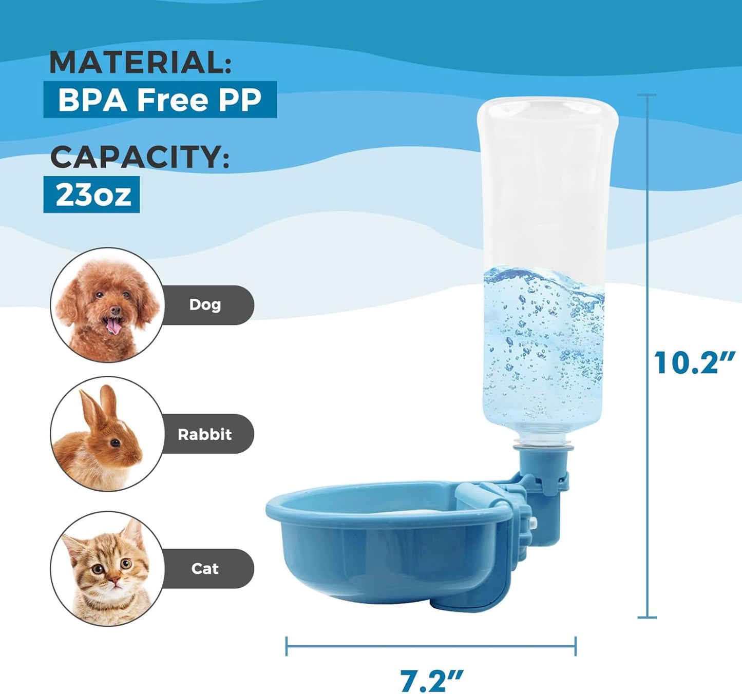 VANNON 16oz Pet Water Bottle, Gravity Dog Water Bowl Dispenser for Cage, Anti-Overflow Water Dispenser for Small Dogs, Cats, Rabbits and Other Small Animals, BPA Free, Grey