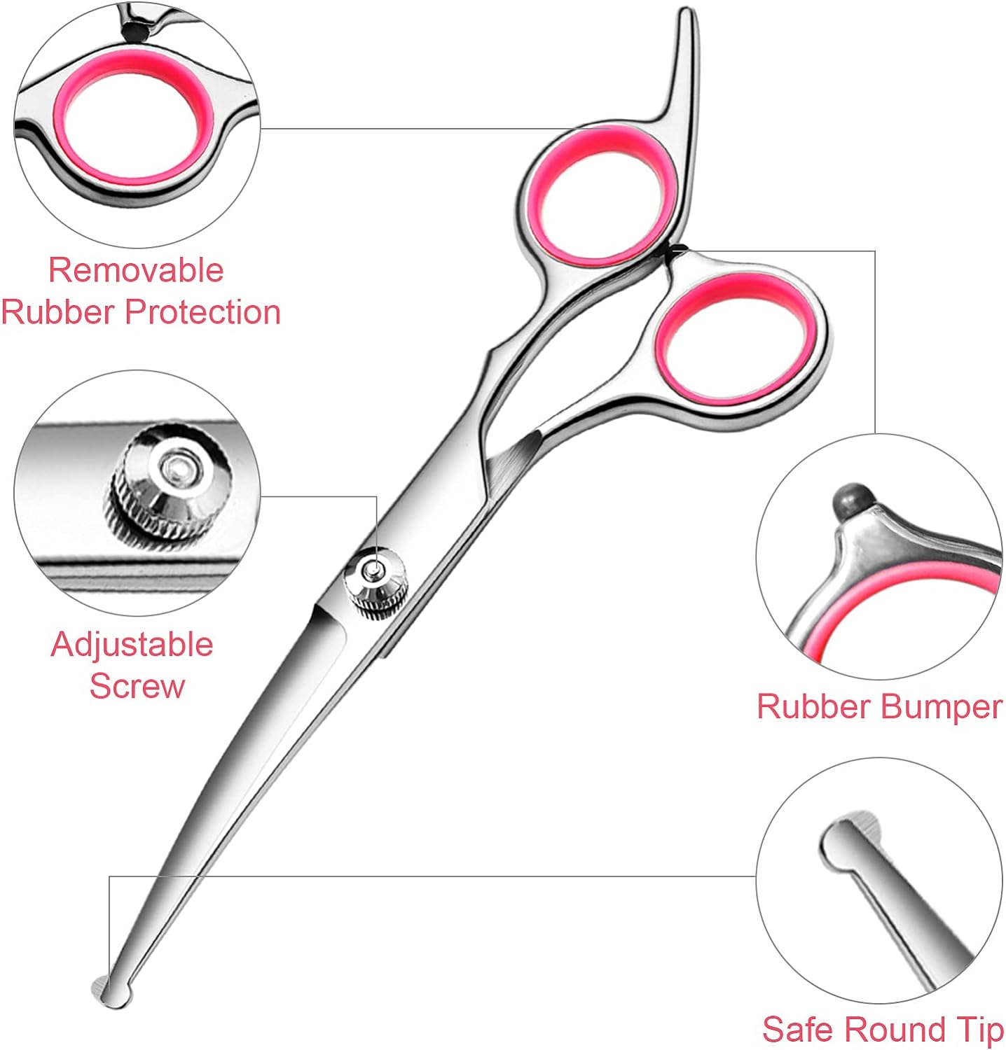 FAIGEO Dog Grooming Scissors with Safety Round Tips Stainless Steel Professional Dog Grooming Kit - Thinning, Curved Scissors and Comb for Cat Pet (Pink 4 in 1)