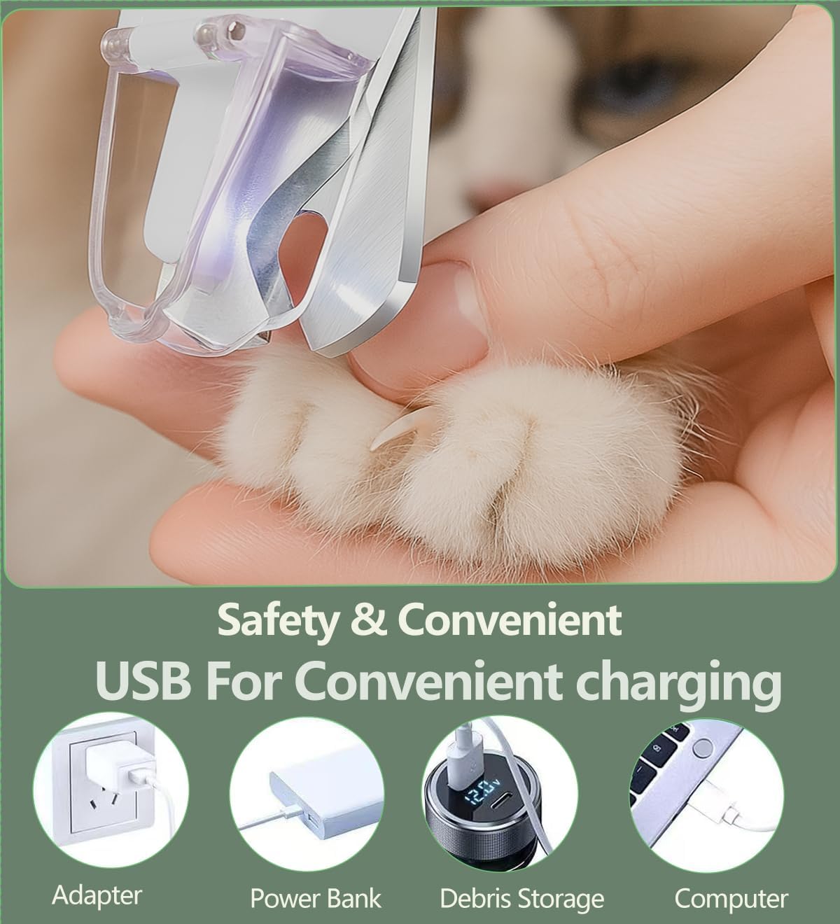 2-in-1 Dog Nail Clipper & Nail Grinder with 2 LED Lights Splash Guard for Large Medium Small Cats Dogs Pets Paw Trimmer Claw Grinders USB Rechargeable White