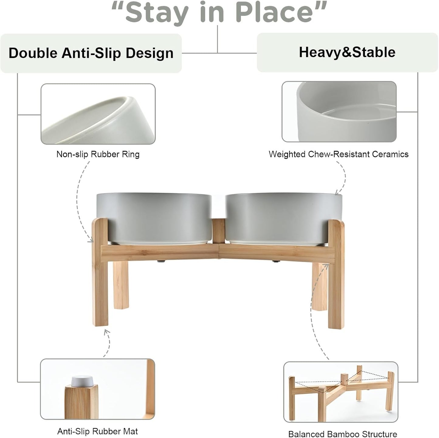 SPUNKYJUNKY Elevated Dog Bowls Ceramic, 6.1'' Dogs and Cat Food Water Bowls Raised with Non-Slip Bamboo Stand for Medium Sized Breed Microwave Dishwasher Safe - 28.7 OZ,Beige
