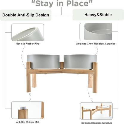 SPUNKYJUNKY Elevated Dog Bowls Ceramic, 6.1'' Dogs and Cat Food Water Bowls Raised with Non-Slip Bamboo Stand for Medium Sized Breed Microwave Dishwasher Safe - 28.7 OZ,Beige