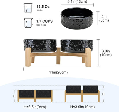 SPUNKYJUNKY Elevated Dog Bowls Ceramic, 6.1'' Dogs and Cat Food Water Bowls Raised with Non-Slip Bamboo Stand for Medium Sized Breed Microwave Dishwasher Safe - 28.7 OZ,Beige