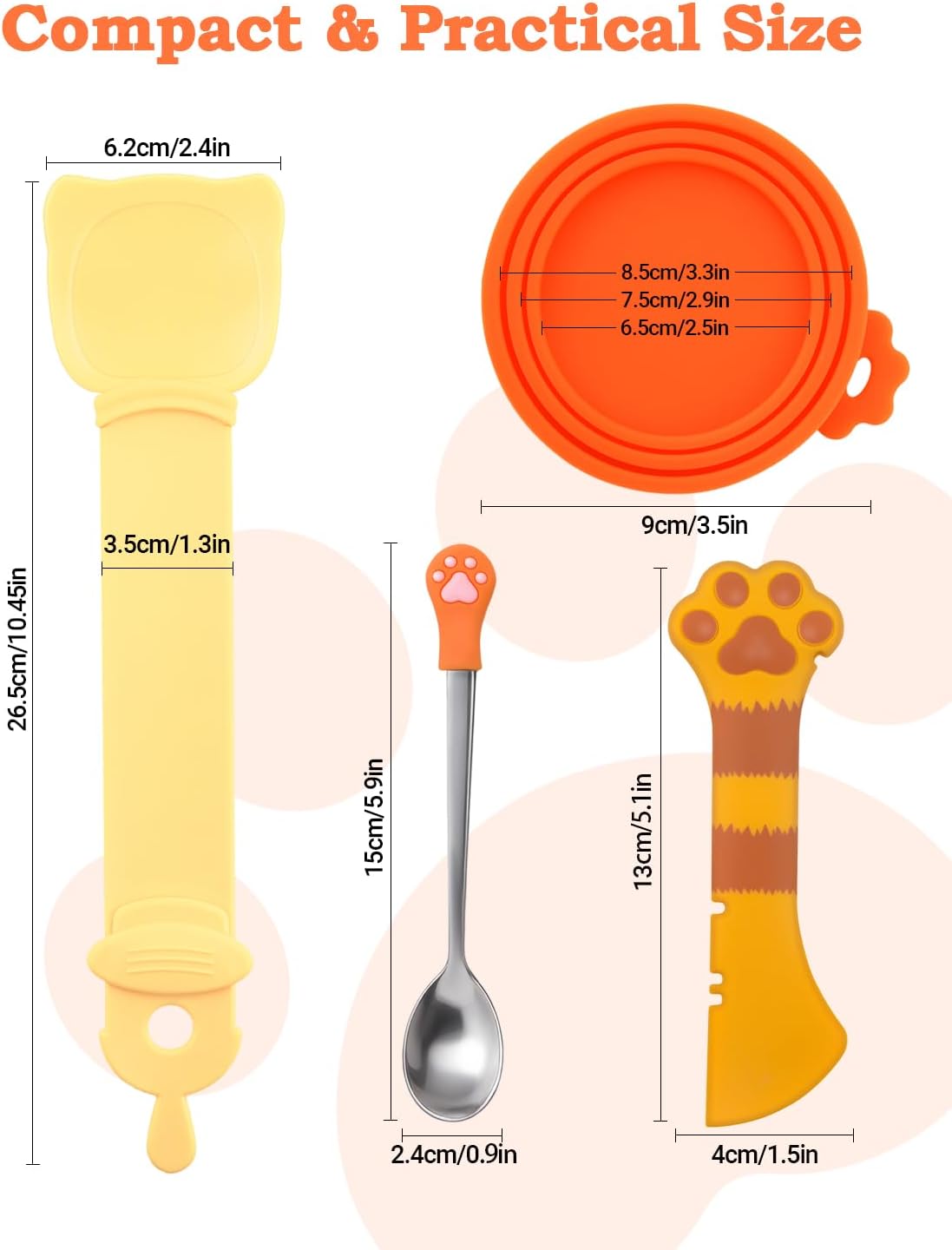 6 PCS Cat Food Can Covers Set, Reusable Silicone Can Lids with Opener, Stainless Steel Wet Food Spoon & Cat Treat Squeezer for Pet Feeding and Storage, Fits Cats & Dogs