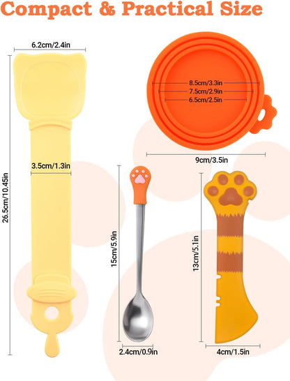 6 PCS Cat Food Can Covers Set, Reusable Silicone Can Lids with Opener, Stainless Steel Wet Food Spoon & Cat Treat Squeezer for Pet Feeding and Storage, Fits Cats & Dogs