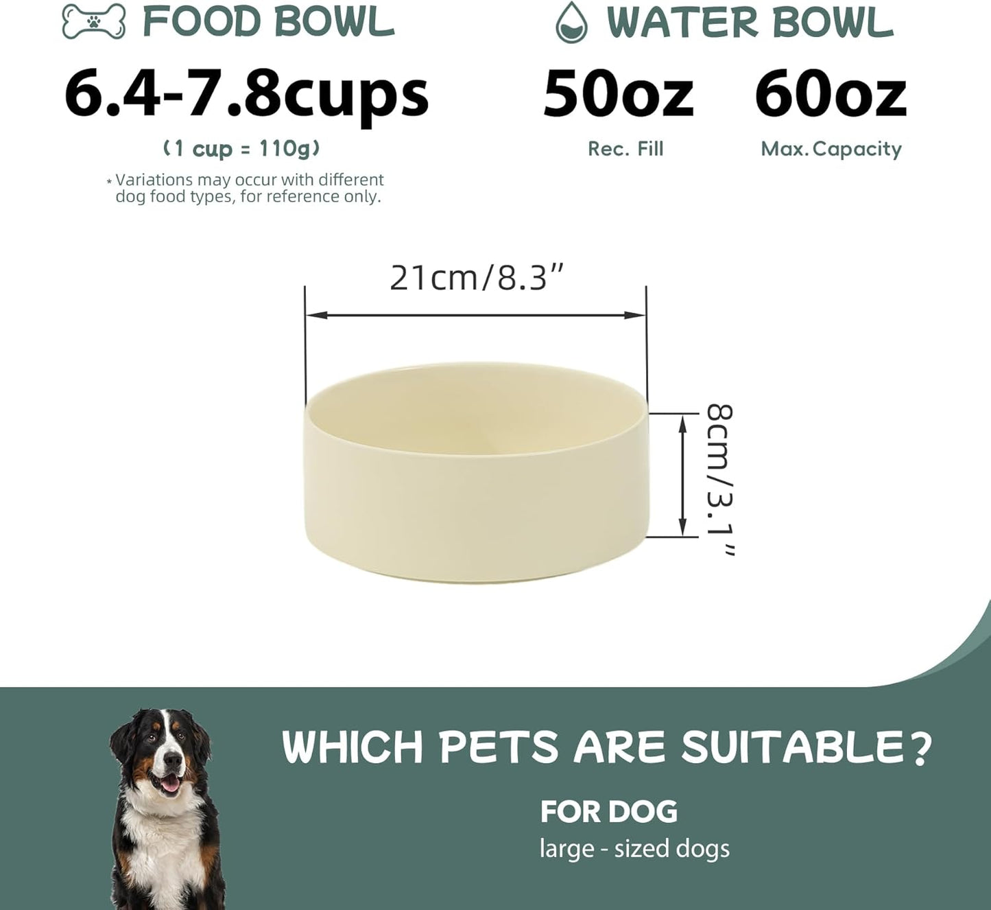 Havniva 8.3inch Ceramic Raised Dog Bowl with Stand, Elevated Dog Bowls for Large Breed Dog Food and Water Bowl Non-Slip Dog Dish Large Capacity Feeding Pet Water Bowl