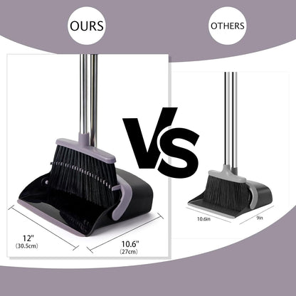 Broom and Dustpan Set with Long Handle, Light Weight Stainless Steel Poles Stand Upright Dustpans with Broom Combo for Home Kitchen Office Pet Dog Hair, Brown & Beige Color, 1-Pack