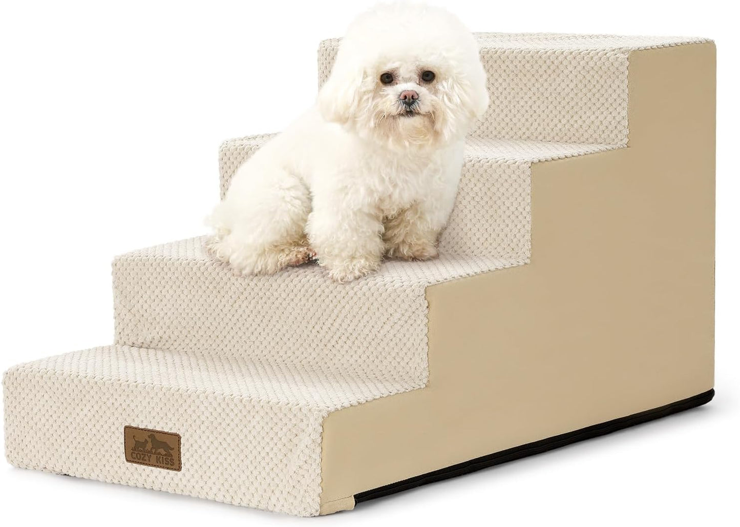 COZY KISS Dog Stairs for Small Dogs, 4 Tier Wider Pet Stairs for Couch and Beds, 17.7" H Non-Slip Dog Steps for Old Cats, Puppy, Small Medium Dogs, 17.7x23.6x17.7 inch, Beige