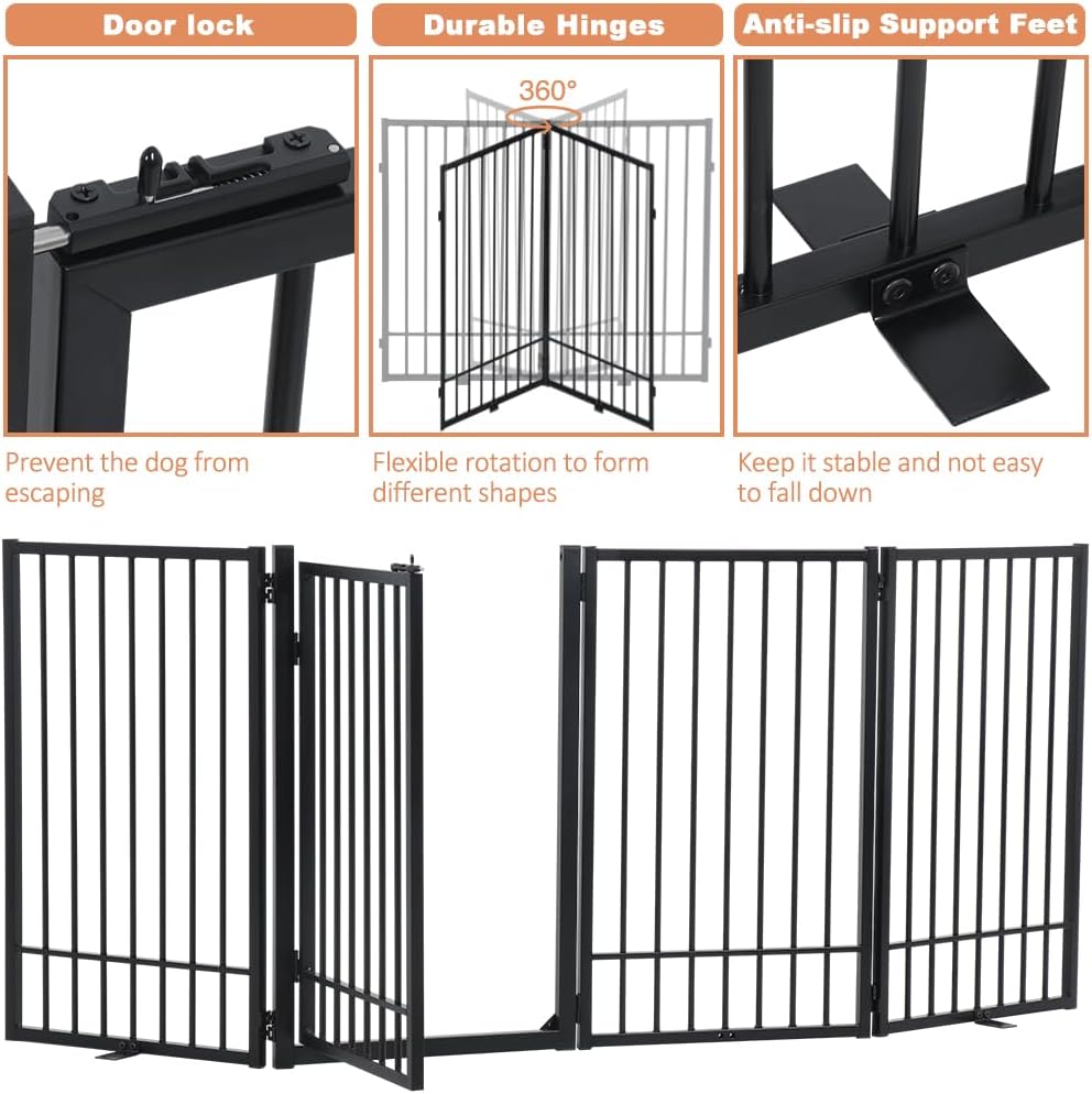 SMONTER Freestanding Dog Gate with Door Walk Through, 80.5'' Extra Wide Indoor Dog Fence, 31.5'' Height 4 Panels Foldable Metal Pet Puppy Gate for Stairs, Hallways, Doorway
