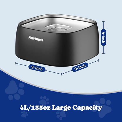 Pawtners All Stainless Steel Dog Water Bowl No Spill,135oz Anti-Splash Dog Bowl with Non-Slip Base, Spill Proof for Medium Large Messy Drinkers, Slow Drinking, Slobber Stopper,Easy to Clean
