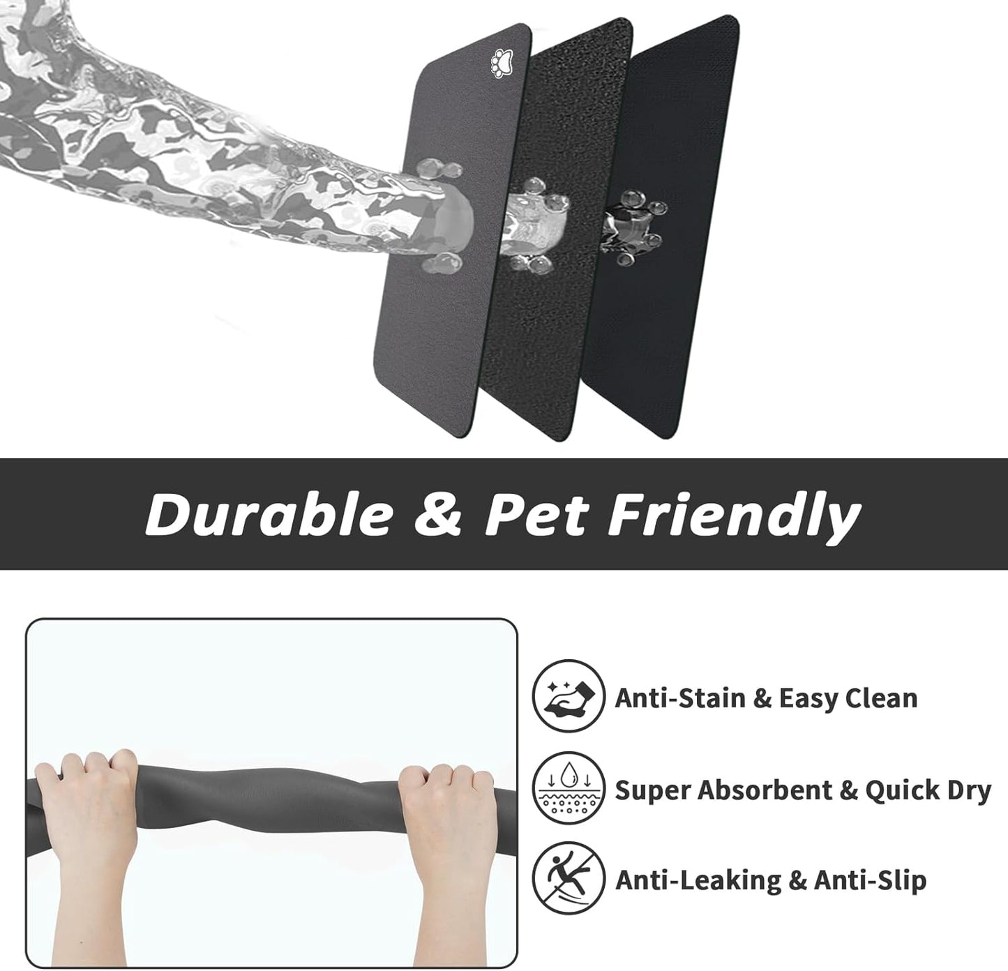 HotLive Dog Food Mat - Absorbent Cat Mat for Food and Water, No Stains Pet Feeding Bowl Mat, Easy to Clean Pet Placemats, Quick Dry Dog Water Dispenser Mat for Messy Drinkers | Paw Dark Grey 12"x 19"