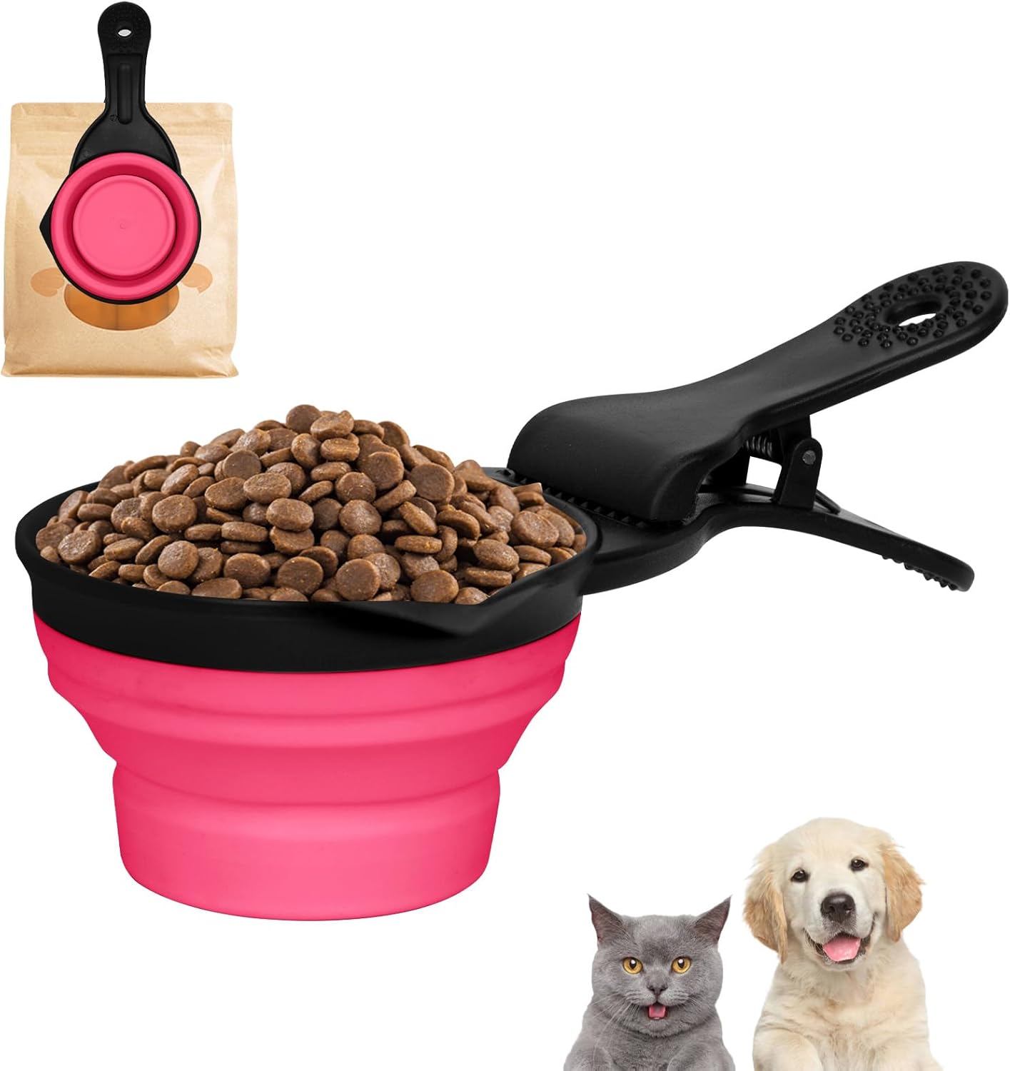 Collapsible Dog Food Scoop Foldable Pet Food Bag Clip 3 in 1 Multi-function Silicone Cat Food Measuring Cup Scoop Dog Food Scooper Pet Food Storage Clip (Green, 1 Cup Capacity(1 Pack))