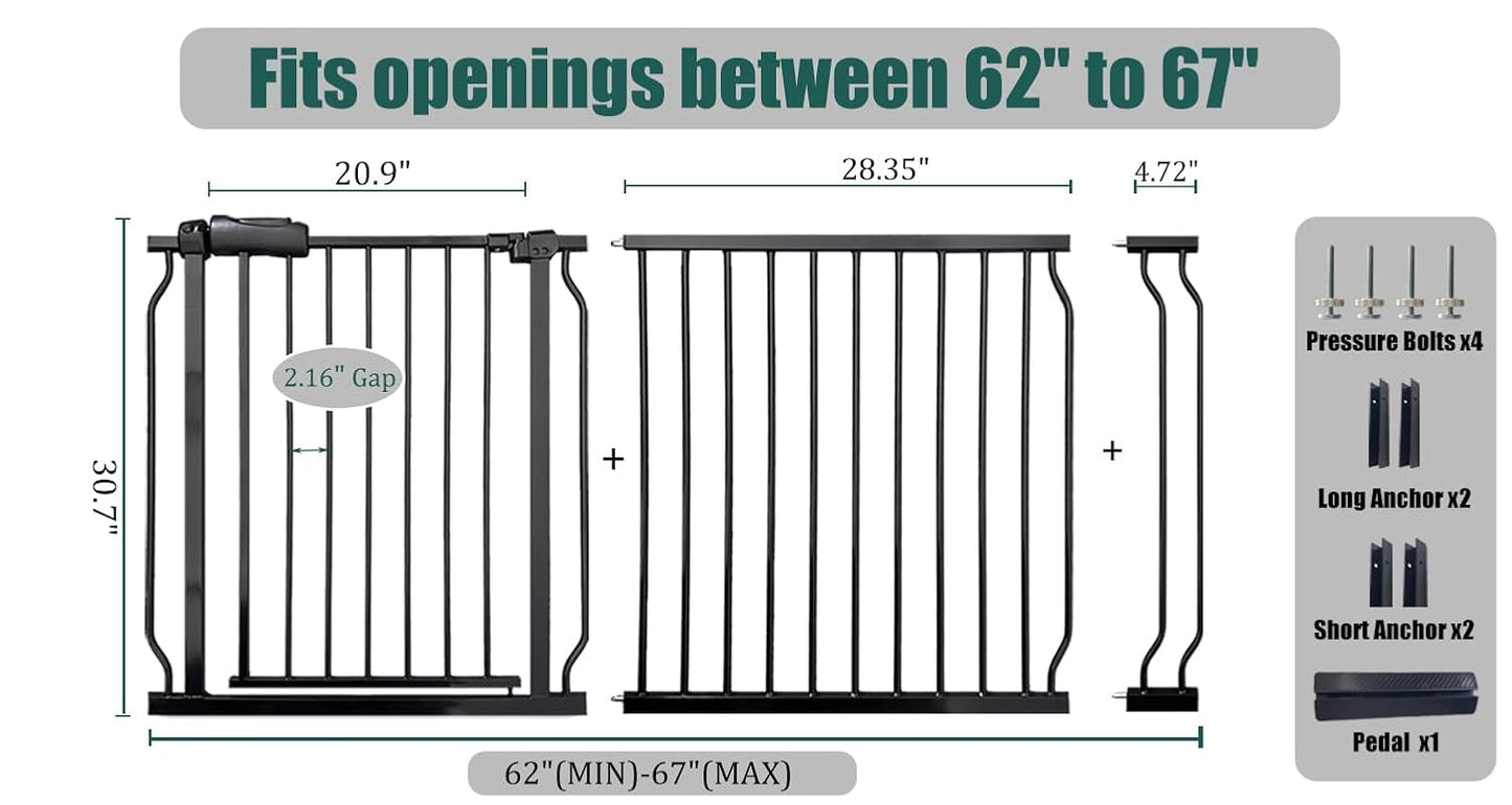 Extra Wide Baby Gate 85.8-90.5" Dog Gate Indoor Pressure Mounted No Drill Safety Gate for Large Entries, Kitchen,Stairs & Doorways, Black Metal Indoor Pet Gate for Kids & Dogs