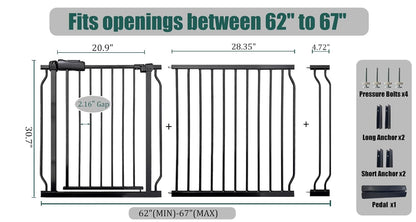 Extra Wide Baby Gate 85.8-90.5" Dog Gate Indoor Pressure Mounted No Drill Safety Gate for Large Entries, Kitchen,Stairs & Doorways, Black Metal Indoor Pet Gate for Kids & Dogs