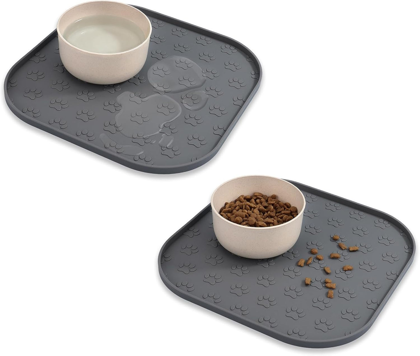 Pet Feeding Mat, Waterproof Anti-Slip Placemats for Dog Cat Bowl Silicone Pet Food Mat, Raised Edge Prevent Spills on Floor & Carpet, Dishwasher Safe (Beige, 11" x 11")
