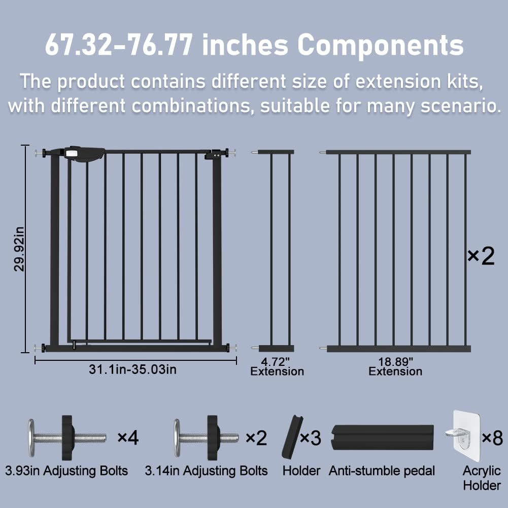 DEARBB Triple Lock Baby Gate for Stairs Doorways and House 31" to 86" Extra Wide Pressure Mounted Easy Walk Through Auto Close Safety Pet Gate White 49.21-67.32"