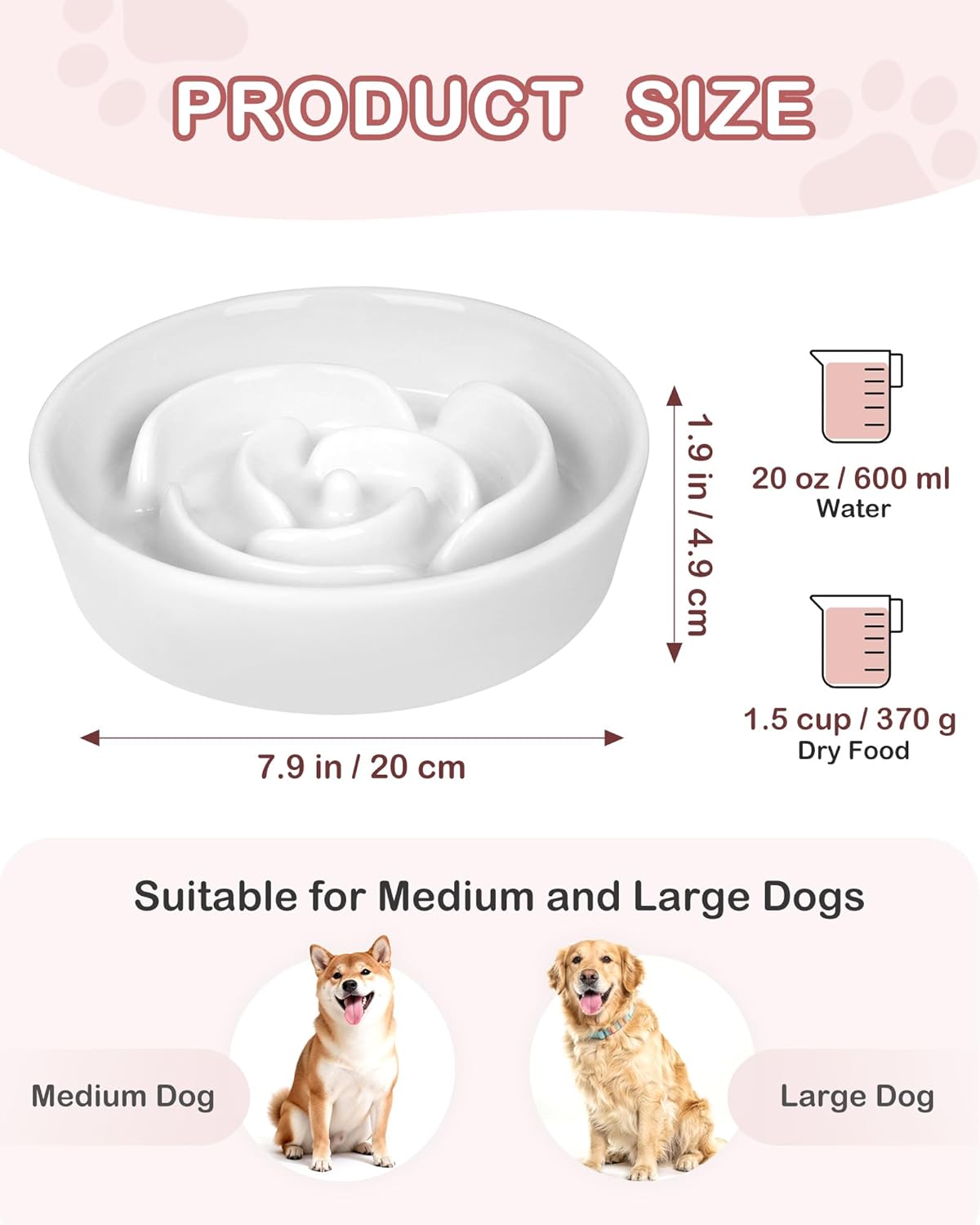 TRUVIC Ceramic Slow Feeder Dog Bowls Small Breed, 0.6 Cup Slow Feeder Cat Bowls for Fast Eaters, Ceramic Dog Food Dish no Black Chin, Puzzle Bowl for Small Dogs and Cats, White