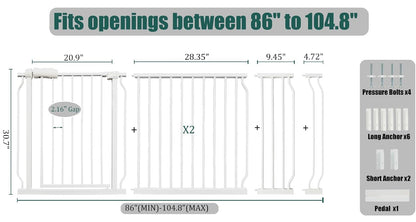 Extra Wide Baby Gate 85.8-90.5" Dog Gate Indoor Pressure Mounted No Drill Safety Gate for Large Entries, Kitchen,Stairs & Doorways, Black Metal Indoor Pet Gate for Kids & Dogs