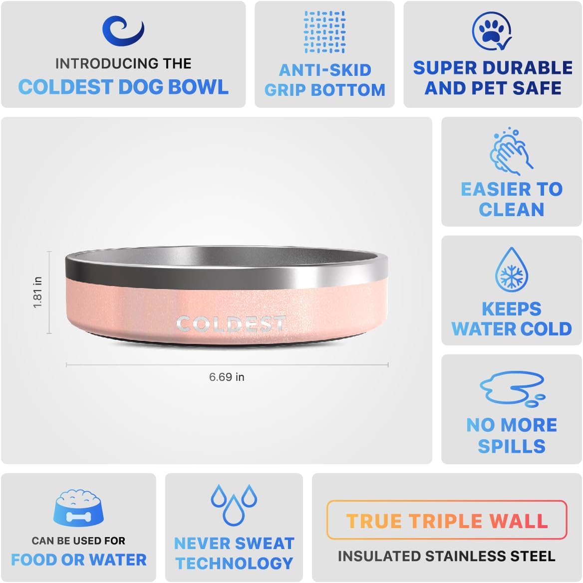 Coldest Dog Bowl - Anti Rust Metal, Non Slip, 3 Layers Insulated Stainless Steel Dog Bowls - Spill Proof & Heavy Duty - Water Bowl for Dogs, Cats & Pets, Dish Washer Safe (21 oz, Stealth Black)