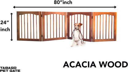 Tabago 4-Panel Foldable Freestanding Wooden Pet Gate 24"x20" – Expands up to 80", White & Natural Dog Gate for Small Pets, Stylish Indoor Barrier for Doorways & Hallways (Brown, 24" H x 80" W)